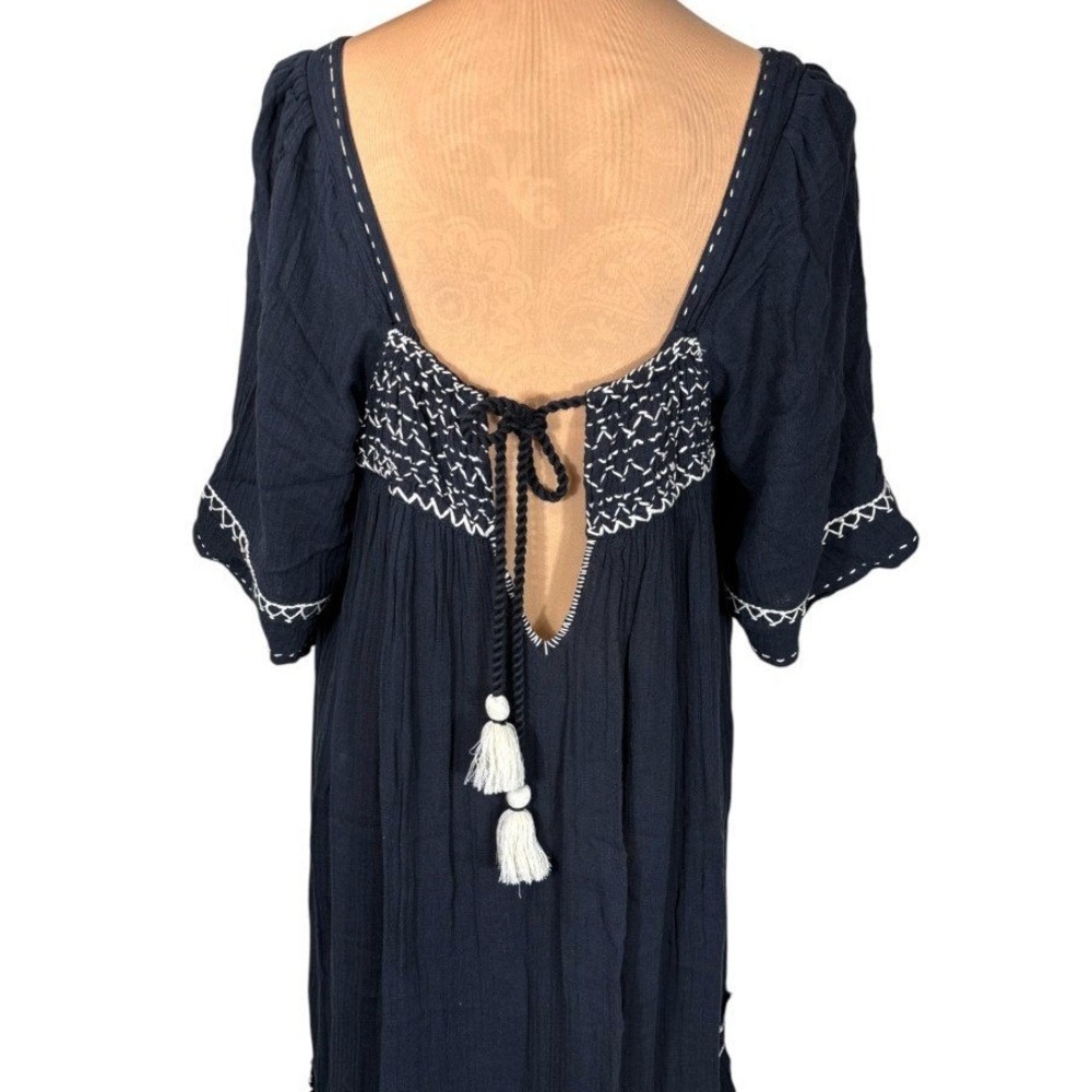 Free People I'm The One Maxi Dress Black White Embroidered Gauze Cotton Tassel L - Picture 8 of 9